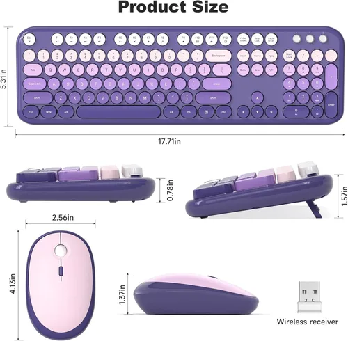 Miniatura 74 de KNOWSQT Combo de teclado y ratón inalámbrico, teclados lindos de tamaño completo estilo máquina de escribir 2.4G azul colorido - receptor USB Plug