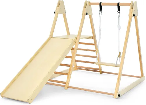 Miniatura 9 de OLAKIDS Gimnasio de la selva para interiores, 4 en 1, plegable de madera Montessori, juguetes de escalada para bebés, con rampa deslizante
