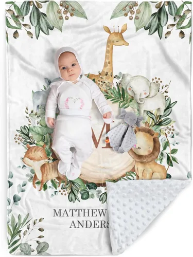Miniatura 26 de Manta de bebé personalizada, nombre personalizado con diseño de animales del bosque, manta de felpa suave con respaldo punteado de doble capa