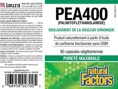 Miniatura 5 de Natural Factors PEA400 - Palmitoiletanolamida pura para alivio, apoya el sistema nervioso y las molestias ocasionales, sin OMG, 90 cápsulas