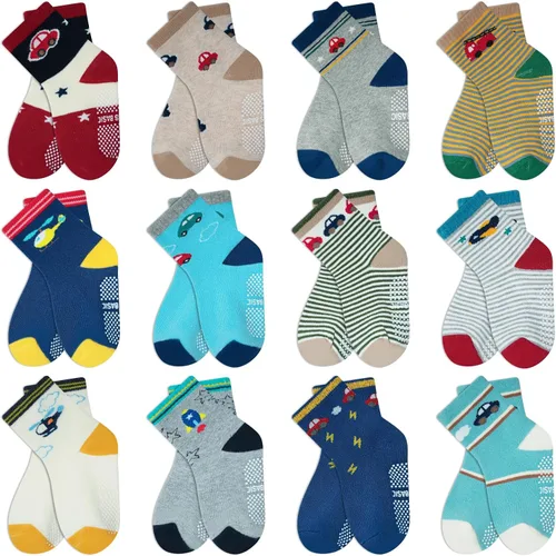 Miniatura 15 de HYCLES Calcetines Antideslizantes para Niños Pequeños, 12 Pares de Calcetines de Algodón con Agarre Antideslizante para Niños y Niñas de 1-7 años