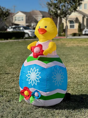 Miniatura 5 de Pollito amarillo inflable de Pascua de 4 pies de alto con flor roja y huevo azul, luces LED preiluminadas, para exteriores, interiores, vacaciones
