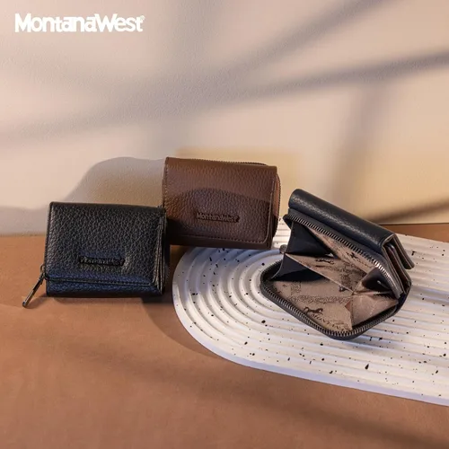 Miniatura 5 de Montana West Billetera pequeña para mujer, de piel auténtica, triple pliegue, tarjetero Rfid con cremallera y bolsillo para monedas, Un negro, Casual