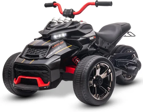Motocicleta eléctrica para niños de 12 V, rueda eléctrica de 3 ruedas, con luces LED, neumáticos EVA, velocidad alta y baja, bocina, música, negro