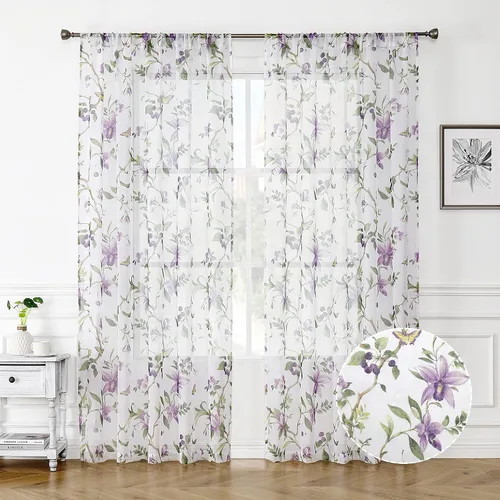 Miniatura 18 de Tollpiz Cortinas cortas y traslúcidas con estampado de mariposas y cerezo gris, media cortina con bolsillo para barra de cocina, cortinas