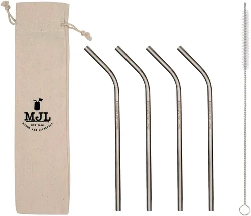Pajitas de acero inoxidable dobladas medianas y finas para tarros o vasos de pinta Mason (paquete de 4 + cepillo de limpieza + bolsa de tela)