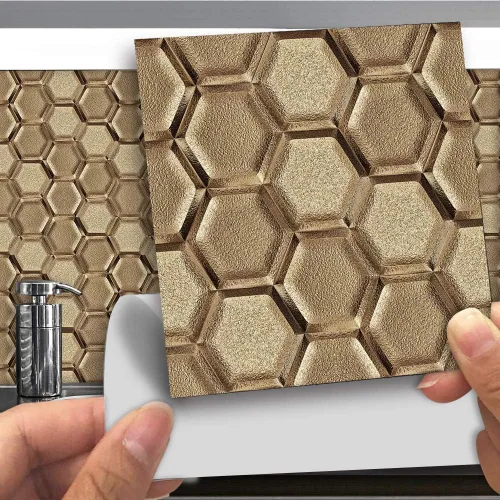 Miniatura 30 de Alwayspon 25 calcomanías autoadhesivas para azulejos de pared, a prueba de agua, para cocina, baño, 6 x 6 pulgadas Piedra beige