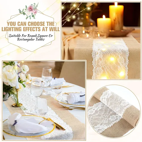 Miniatura 5 de Xinnun 6 piezas de camino de mesa de arpillera con luces de 12 x 108 pulgadas, camino de mesa de encaje de arpillera, decoración rústica de boda
