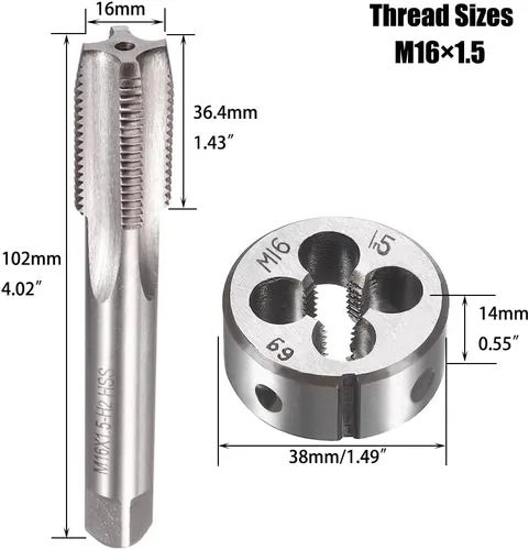 Miniatura 4 de M16 X 1.5 Métrico Grifo y Troquel Set M16 X 0.059 in HSS Recto Estriado Máquina Rosca Mano Derecha Tornillo Macho y Troquel de Roscado Redondo