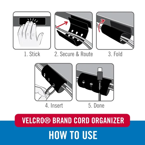 Miniatura 4 de VELCRO Brand Organizador de cables para escritorio y mesita de noche, 5 ranuras para cables con enrutamiento de mangas, soporte de alambre adhesivo