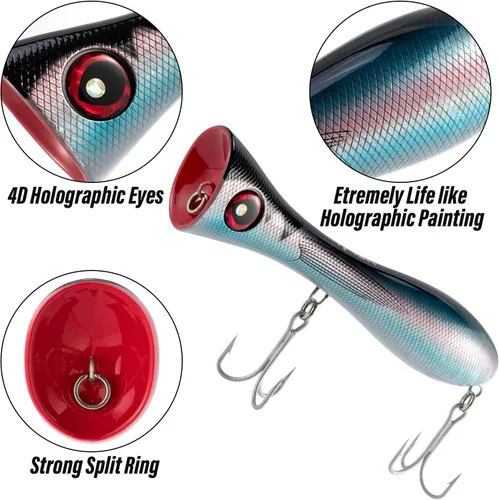 Miniatura 4 de Dr.Fish Topwater Popper Señuelos de pesca de agua salada, 8 pulgadas GT Popper VMC anzuelos agudos señuelos de pesca de surf para Striper Atún