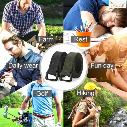 Miniatura 7 de JASGOOD Cinturones de tela de lona para hombre, cinturones casuales de tela con hebilla de doble anillo negro, paquete de 2