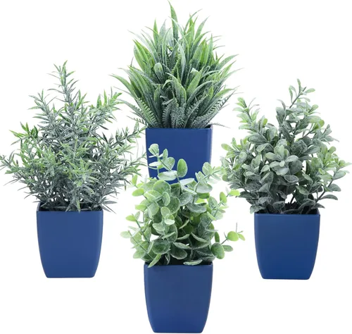 summer flower Juego de 4 plantas falsas en maceta, pequeñas plantas artificiales de eucalipto en maceta, mini helechos de trigo falsos, vegetación