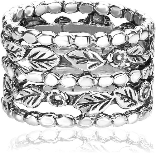 Miniatura 3 de Anillo ancho de plata de ley 925, flores y hojas, oxidado, aspecto vintage, elegante, hipoalergénico, sin níquel ni plomo, colección de diseñador