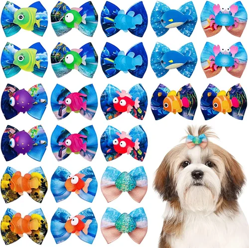 24 unids/12 pares de lazos para el pelo de perro con banda de goma, patrón de animales marinos de verano para niña, macho, hembra, pequeño, mediano,