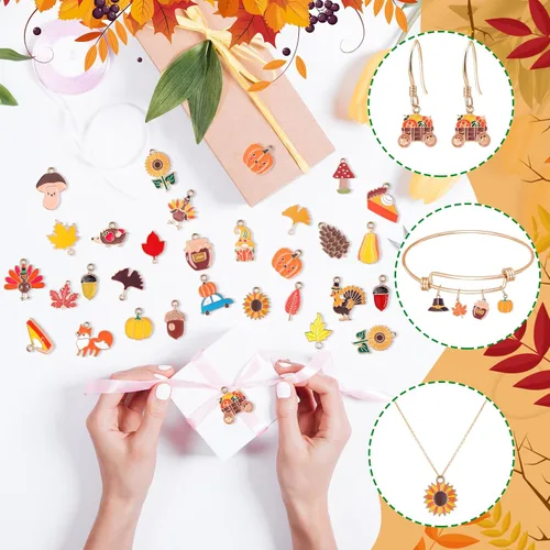 Miniatura 3 de 150 dijes de Acción de Gracias a granel para fabricación de joyas, otoño, hoja de arce, calabaza, pavo, colgantes de otoño, pulseras, collares