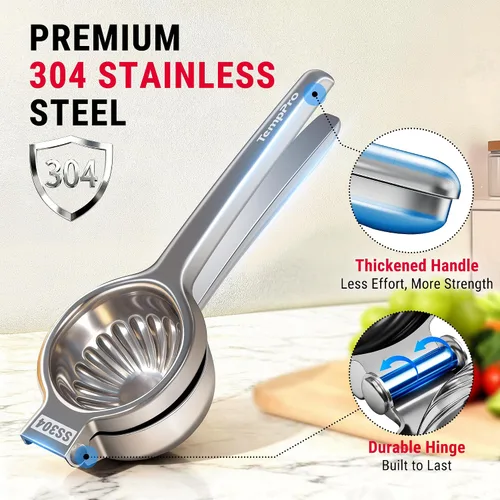 Miniatura 2 de TempPro Exprimidor de limón y lima, exprimidor de cítricos de acero inoxidable 304 con cuenco ranurado, mango con bisagras de alta resistencia, alto