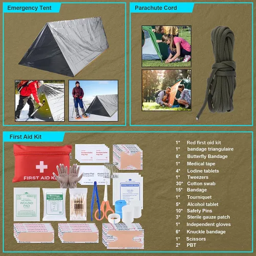 Miniatura 6 de Kit de supervivencia, regalos para Navidad para hombres y mujeres, 251 piezas de equipo de supervivencia de emergencia y suministros, kit de Negro