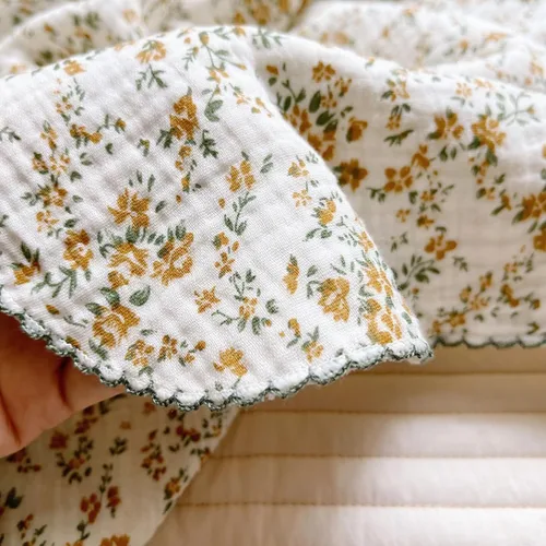 Miniatura 4 de BuLuTu Manta de 4 capas para niños pequeños, 100% algodón muselina, mantas de cama para niños, niñas, niños, con bonito patrón de flores de hibisco