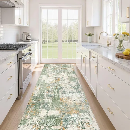 Alfombra de pasillo lavable para cocina: 3 x 10 pies, antideslizante, abstracto, suave, moderno, resistente a las manchas, para interiores, piso,