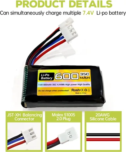 Miniatura 3 de sea jump Batería Lipo de 2 piezas 7.4V 600mAh 35C 2S con enchufe Molex y cargador 1trailer2 adecuado para FMS FCX24 RC coches, camiones, vehículos