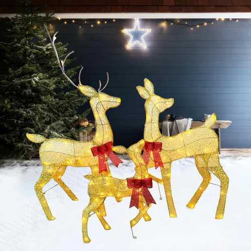 Juego de decoración familiar de renos navideños grandes de 45 pulgadas, 3 piezas hechas a mano con estacas, material seguro LED Plug and Play,