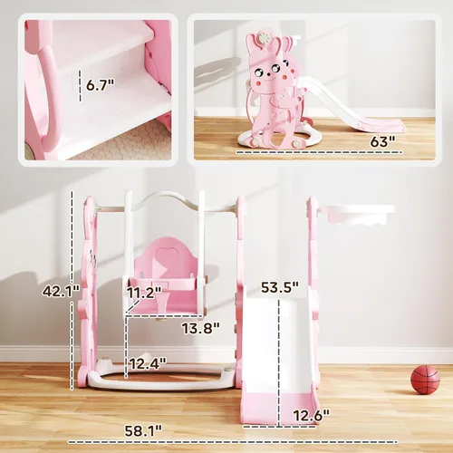 Miniatura 7 de Qaba Juego de tobogán y columpio 4 en 1 para niños de 1.5 a 4 años, parque infantil con temática de conejo con escalador, aro de canasta, para patio