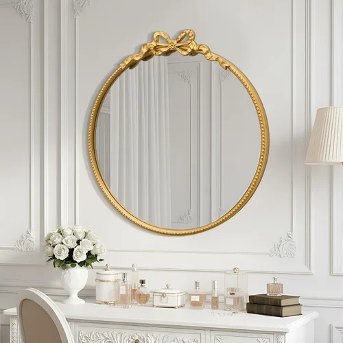Miniatura 7 de Besdomus Espejo Redondo Dorado con Lazo: Espejo de Baño Moderno de 27" - Espejos de Tocador Ornamentados Tradicionales Barrocos