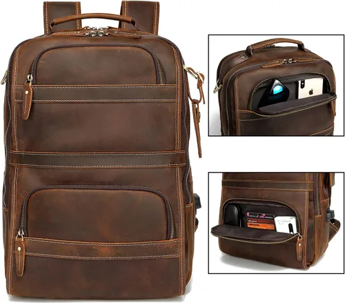 Miniatura 5 de LANNSYNE Mochila de cuero genuino vintage para hombres 15.6 pulgadas portátil bolsa de noche fin de semana camping mochila, Marrón, Mochilas