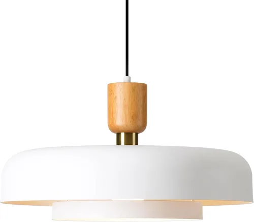 Miniatura 10 de Lámpara Colgante Grande Moderna de 19.68 Pulgadas, 2 Niveles con Pantallas Crema Suaves, Acento de Madera Natural y Latón, Candelabro de Mediados