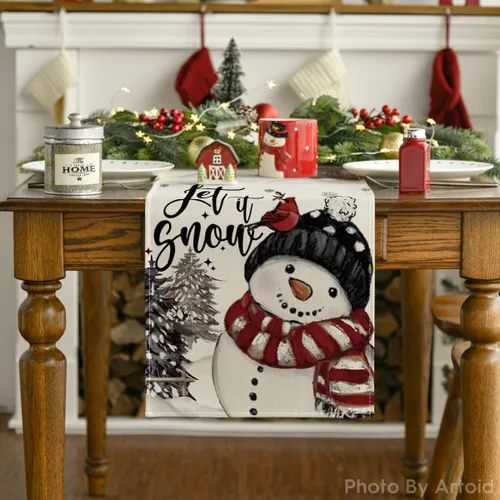 Miniatura 7 de Artoid Mode Árboles de Navidad Deja que nieve Muñeco de nieve negro Camino de mesa de Navidad, decoración de mesa de comedor para vacaciones