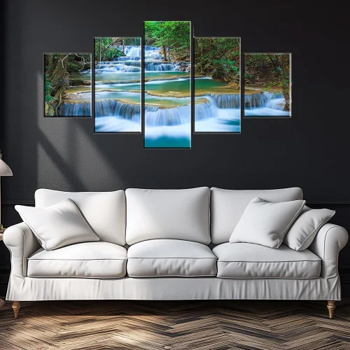 Miniatura 2 de SZ - Lienzo decorativo para pared en cascada para sala de estar, 5 piezas de impresiones de estanque relajante en bosque tropical