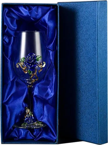jessie Copa de vino pintada a mano con flores esmaltadas, copa de vino de ginebra para cumpleaños, día de la madre, regalos (1 azul + caja de regalo)