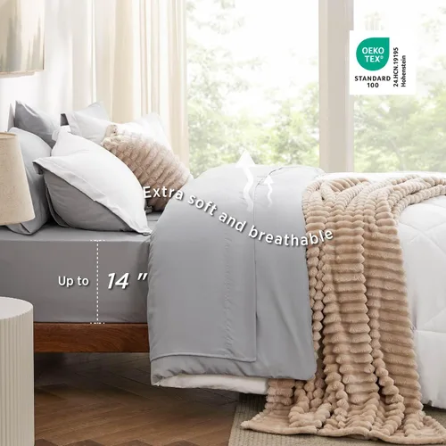 Miniatura 5 de Bedsure Juego de ropa de cama con edredón tamaño King - Juego de 7 piezas reversible blanco y gris, juego de cama King para todas las estaciones, 15