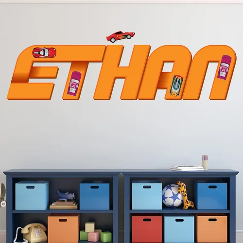 Decoración de habitación de coches para niños, calcomanía de pared con nombre de bandera de carreras, arte de pared personalizado para niños, bebés