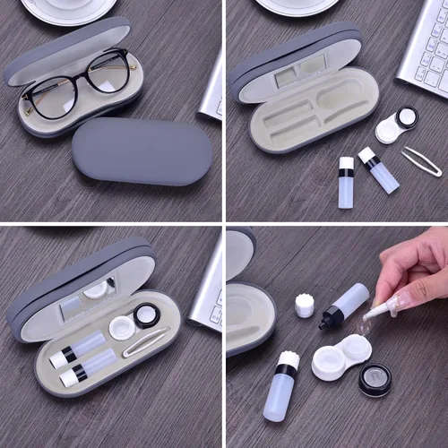 Miniatura 6 de Muf Funda portátil 2 en 1 para lentes de contacto y funda para anteojos, diseño de doble uso con espejo integrado, pinzas y botella de solución