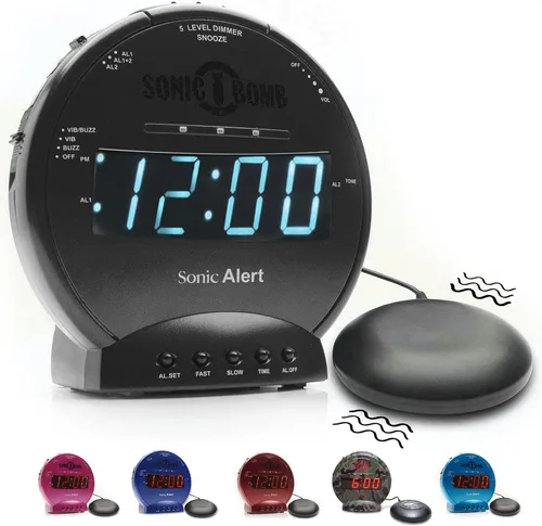 Miniatura 10 de Sonic Bomb - Reloj despertador doble extra fuerte con vibrador de cama, negro Sonic Alert vibrante, para personas de sueño pesado, batería