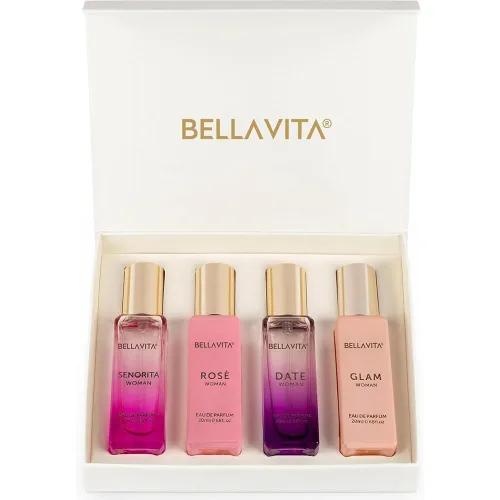 Bellavita - Set de regalo de perfume de lujo para mujer con rosa, senorita, fecha y glamour, 2.7 fl oz, perfume para mujer, pimienta rosa, yuzu y