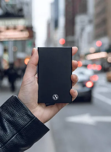 Miniatura 8 de VULKIT Cartera desplegable, soporte minimalista para tarjetas de crédito, bloqueo RFID, funda de metal delgada para hombres