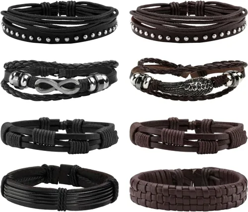 Miniatura 8 de Eigso 6-10 pulseras de cuero trenzado para hombres y mujeres, pulseras ajustables