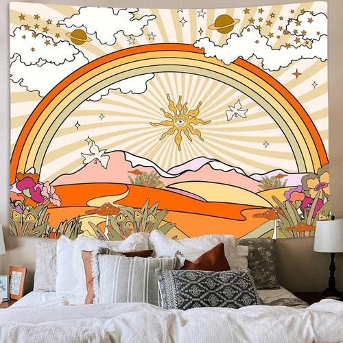 Miniatura 2 de TPMDFC Tapiz retro de los años 70 y 60, tapiz vintage de flores, nubes, sol y arco iris, tapiz para colgar en la pared, tapiz estético bohemio