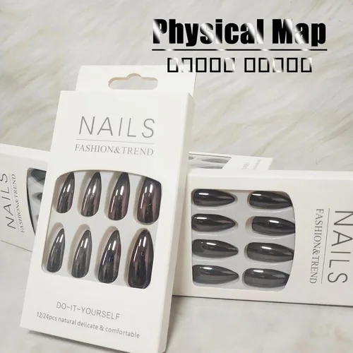 Miniatura 3 de Uñas postizas cromadas negras a presión de almendra mediana, uñas postizas de aguja con diseño brillante, uñas postizas acrílicas de metal brillante