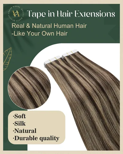 Miniatura 2 de Ugeat - Extensiones de cabello humano con cinta adhesiva, color marrón, extensiones de cabello humano, color marrón oscuro a rubio caramelo, Cinta