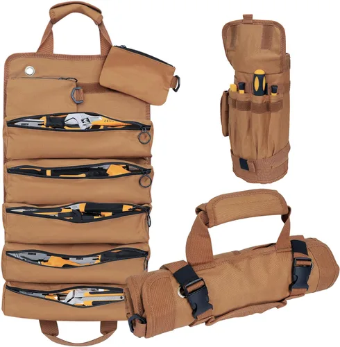 Miniatura 9 de Organizador plegable portátil de herramientas enrollable con 5 compartimentos y 2 bolsas desmontables, bolsa de herramientas de servicio pesado Negro