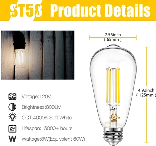 Miniatura 3 de DAYBETTER Paquete de 12 bombillas LED Edison vintage, bombilla LED E26 equivalente a 60 W, bombillas LED regulables, alto brillo 800 LM, blanco