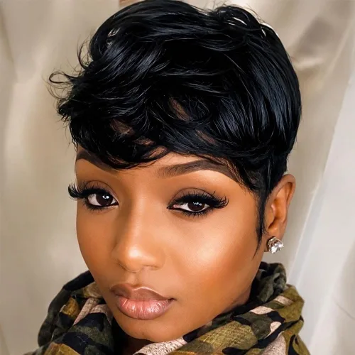 Miniatura 13 de MOONSHOW - Pelucas cortas de corte Pixie para mujeres negras, peluca de corte Pixie marrón Short Pixie Wigs for Black Women Natural Layered Short