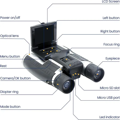Miniatura 7 de thunderb Binoculares digitales con cámara y grabación de video de 12 x 32 pulgadas, videocámara para cámaras de observación de aves, binoculares