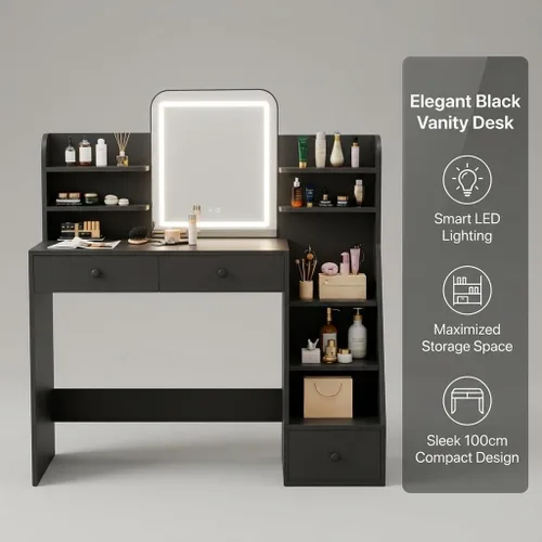 Miniatura 5 de Escritorio de tocador de maquillaje con espejo LED y estantes inclinados de 5 niveles, 7 áreas de almacenamiento abiertas y 3 cajones, tocador