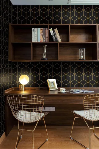 Miniatura 7 de Safiyya Papel tapiz geométrico dorado y negro de 118" x 17.3" Papel de contacto geométrico despegar y pegar Papel tapiz removible autoadhesivo