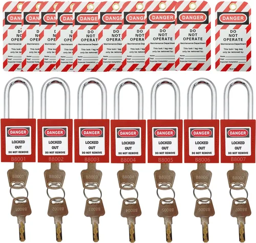 SAFBY Loto - 7 candados de bloqueo diferentes con llave con 10 etiquetas de bloqueo, candados seguros para estaciones y dispositivos con 7 números